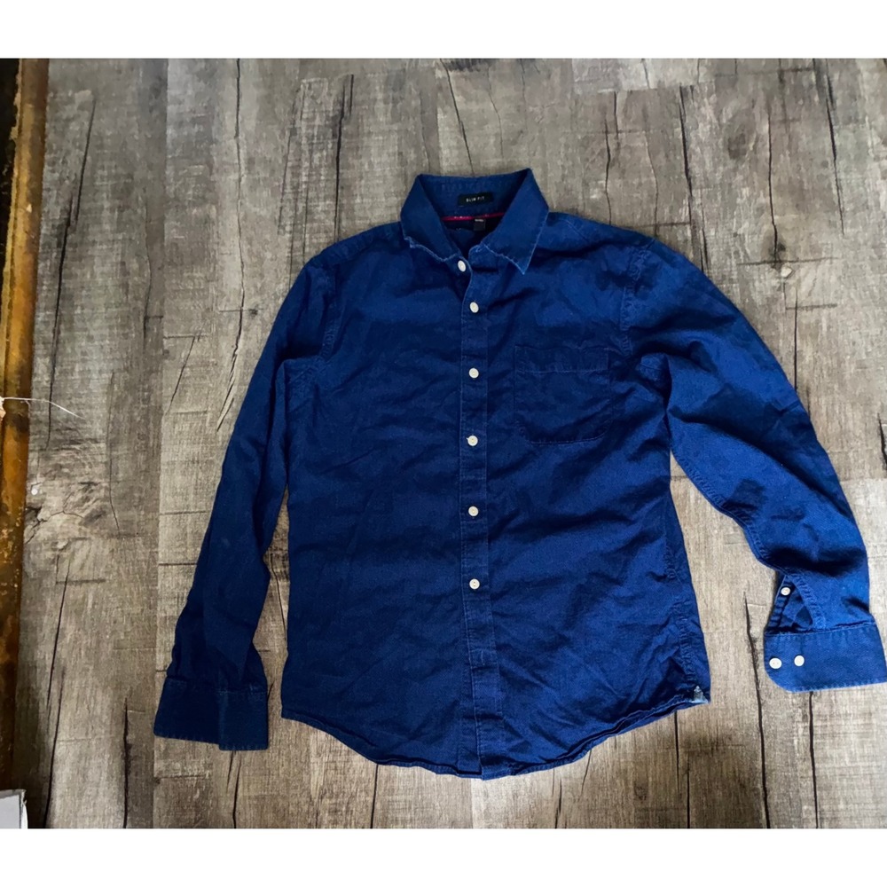 Banana Republic Mens Slim Fit Indigo Blue Cotton Dobby Button Down Shirt Small